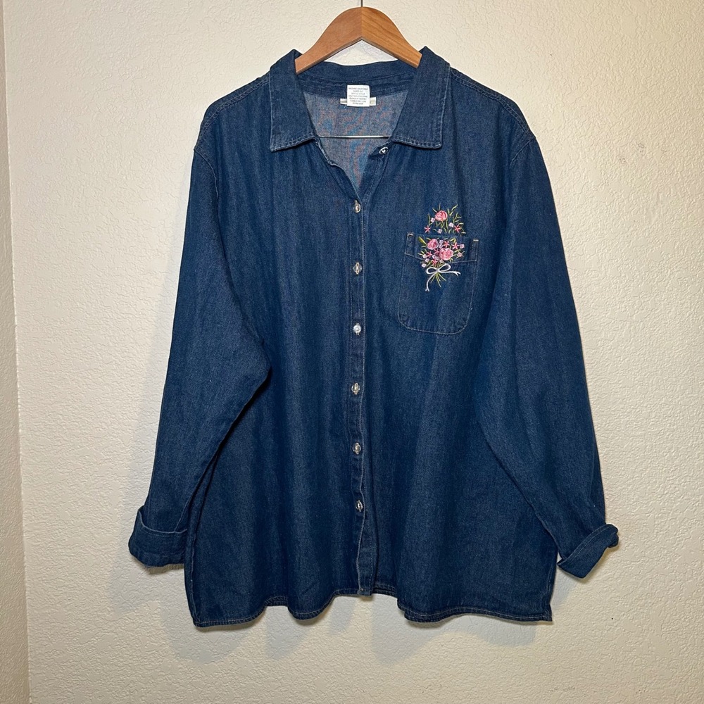 CW Classics Women 4X Denim Top Button Down Long Sleeve Floral Embroidered Cotton